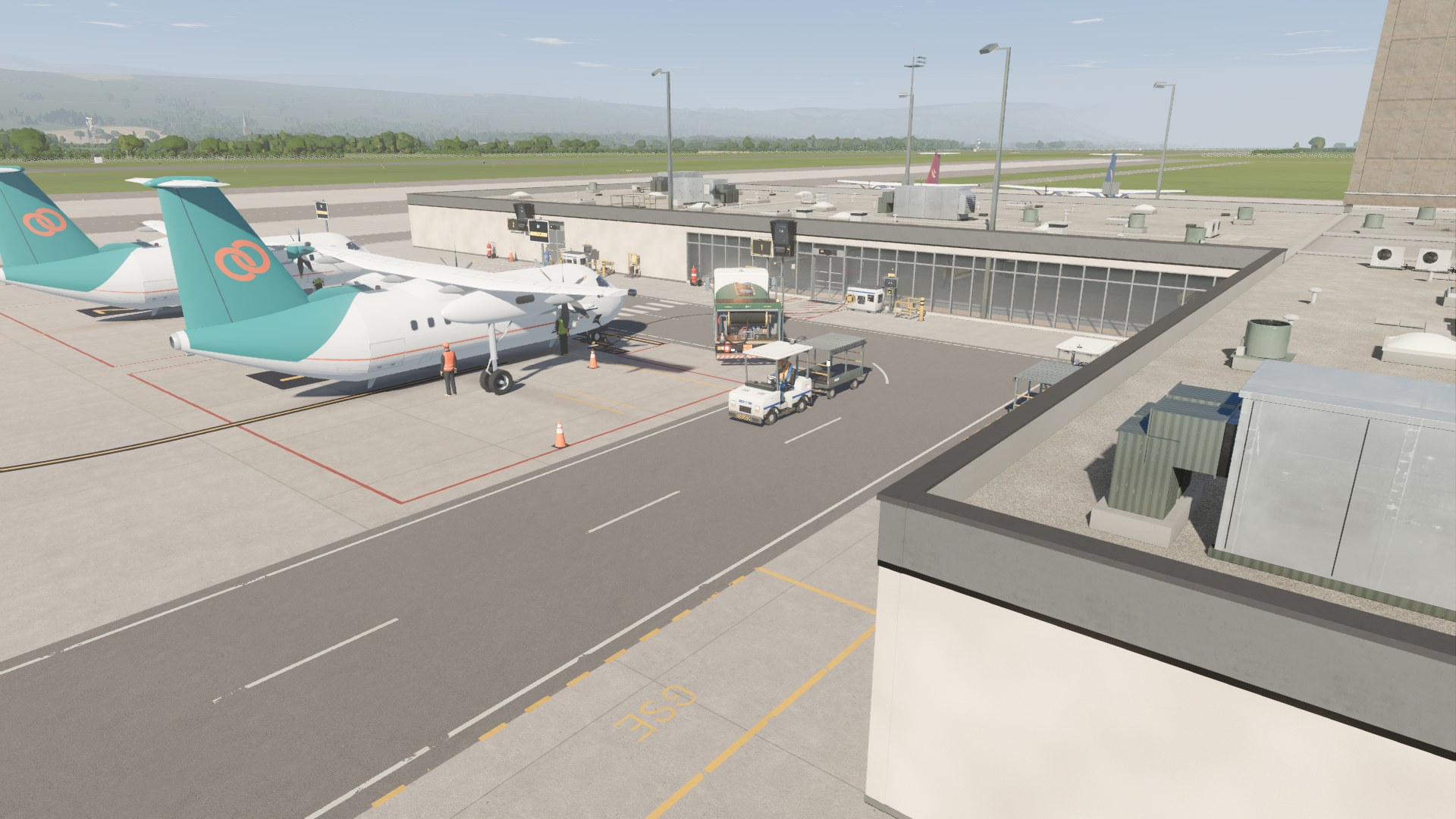 Aircraft and ground services beside the Terminal in Turnaround's current development build